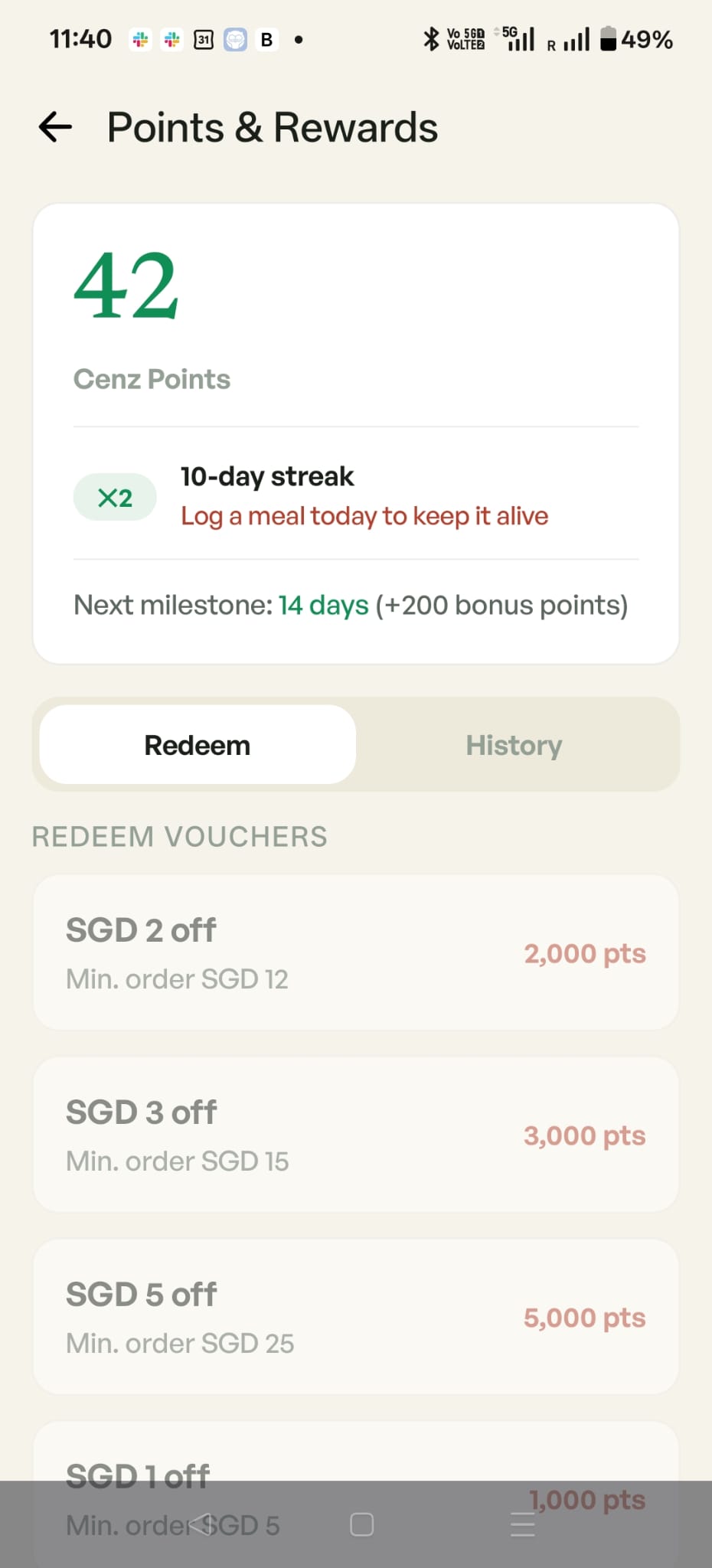 Cenz points and rewards screen showing a points balance, a 10 day streak with a 2x multiplier and vouchers available to redeem