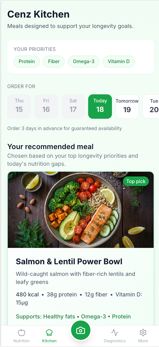 Cenz Kitchen meal ordering interface